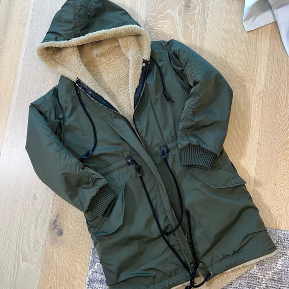 Coach Olive Green Shearling Hooded Parka Coat